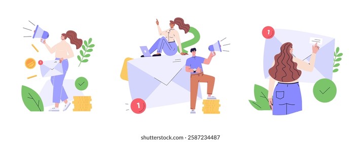 People promoting email marketing. Collection of concepts of email marketing promotion, mail campaign, newsletter mail sending. Vector illustration set in flat cartoon design.