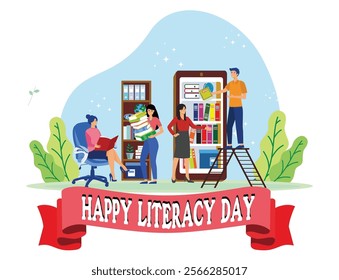 People promoting literacy through reading books, organizing libraries, and cherishing learning. Flat vector modern illustration 