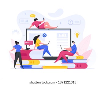 People Promoting Optimizing Web Video Resource Cartoon Concept. Group Girls Collects Statistics Visits Sets Up Online Educational Site. Male Character With Laptop Implements New Ideas Vector Traffic.