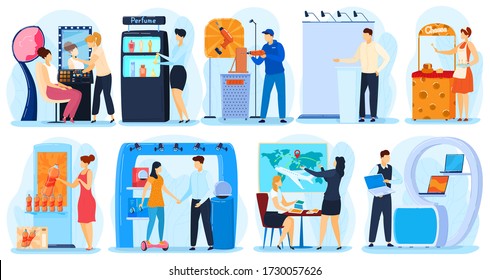 People Promoting And Presenting Products And Projects On Expo Advertisement, Vector Illustration. Promoter Exhibition Display, Man And Woman Cartoon Character Selling, Business Demonstration Promotion