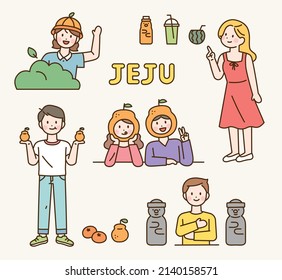 People promoting tangerines, a local specialty of Jeju island. flat design style vector illustration.