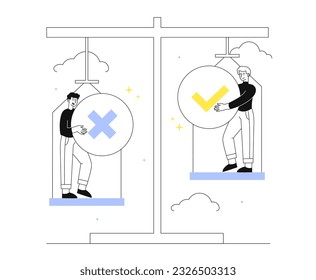 People with pros and cons line concept. Comparison and evaluation of goals. Organization of effective workflow and planning. To do list and notepad. Linear flat vector illustration