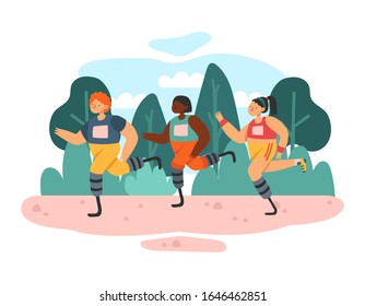 People with prostheses are running around the park. Life after injury. Scientific progress.For advertising prostheses. Stylized strong athletic people with disability.Simple flat vector illustration.