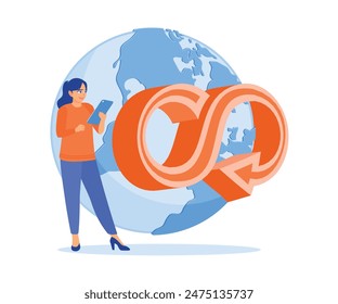 People protect the earth from CO2 emissions. Developing environmentally friendly industries. Circular economy concept. Flat vector illustration.