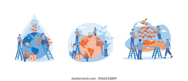 People protect the earth. People plant trees and recycle waste. World Environment Day. Bio Technology concept. Set flat vector illustration.