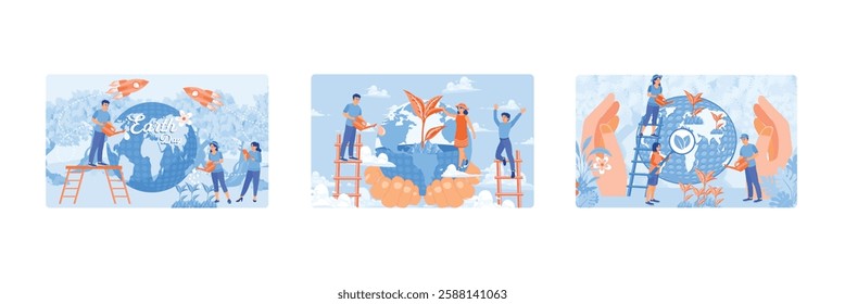 People protect the earth from pollution. People save the green planet's environment. People care for and protect the earth. Earth Day concept. Set flat vector illustration.