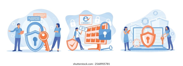 People protect privacy data on computer laptop.Woman looking for data on electronic device. Data security system on electronic devices. Cyber ​​security concept. Set flat vector illustration.