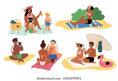 People protect skin from sun. Vacationers smear SPF cream. Oncological prevention. Ultraviolet irradiation. Sunbathing men or women at beach. Applying sunscreen lotion
