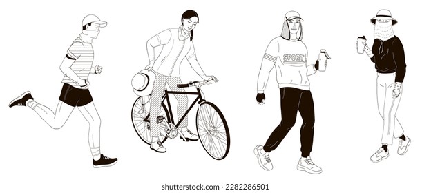 people protect themselves against the solar radiation and UV ultraviolet,  exercising outdoors with protective clothes and hats, woman on bike, adults walking, man jogging, black and white vector 