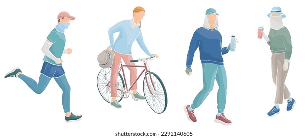 people protect themselves against the solar radiation and UV ultraviolet,  exercising outdoors with protective clothes and hats, woman on bike, adults walking, man jogging, color vector 