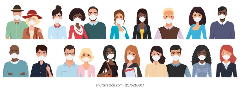 People protected from covid19 set vector illustration. Cartoon diversity group of characters standing, portrait of different multiracial adults wearing face masks isolated on white. Community concept