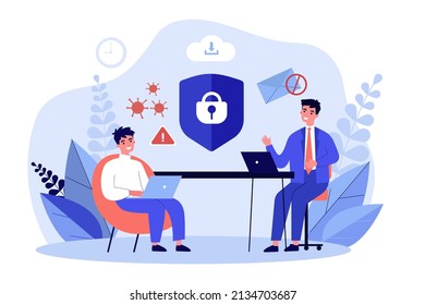 People protecting data privacy from viruses and phishing. Tiny persons sitting with laptops flat vector illustration. Antivirus protection concept for banner, website design or landing web page