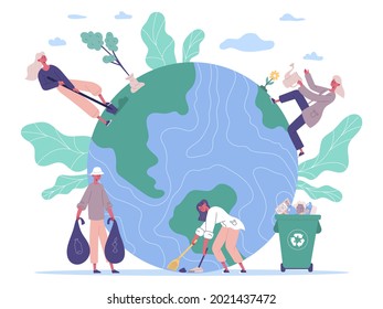 People protecting environment, take care about earth. Ecology protect, volunteers planting and cleaning environment vector illustration. Nature protect concept. Planting trees and gathering rubbish