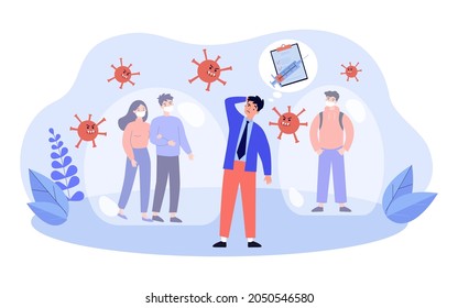 People protecting health by vaccination and wearing mask. Virus cells attacking man without mask flat vector illustration. Coronavirus protection concept for banner, website design or landing web page