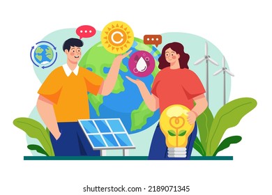 People are protecting nature by using eco energy Illustration concept on white background