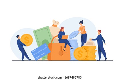 People protecting their cash. Men and women taking out financial insurance, defending money, business, bank account. Vector illustration for finance, safety, assurance, guarantee concept