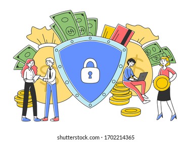 People protecting their money flat vector illustration. Bank employees giving loan and opening safe accounts. Business insurance and financial guarantee concept