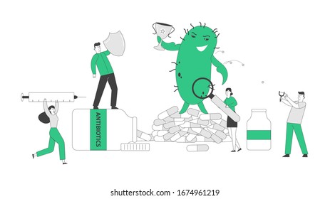 People Protecting themselves and Attack Huge Green Humanoid Microbe with Syringe. Male and Female Characters Attacking Virus Holding Winners Cup with Medicine and Vaccine. Linear Vector Illustration