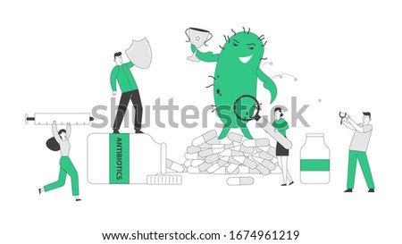 People Protecting themselves and Attack Huge Green Humanoid Microbe with Syringe. Male and Female Characters Attacking Virus Holding Winners Cup with Medicine and Vaccine. Linear Vector Illustration
