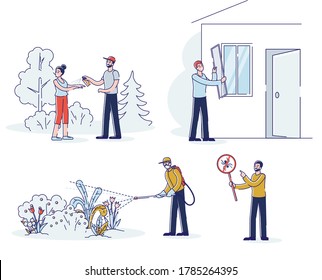 People protecting themselves from insects using repellent , chemical remedies, pesticides. Set of cartoon characters spraying insecticides to protect from pests. Linear vector illustration