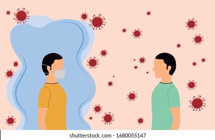 Gente protegiéndose de los virus. Dos personas expuestas a virus. Hombre con mascarilla cerca de una persona desprotegida.