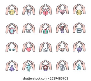 People protection and emotion support symbol set with heart, hands, face, child, woman, love, care, family, health, trust, connection, hug, mother, handshake, meditation