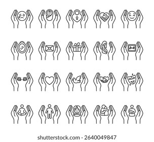 People protection and emotion support symbol set with heart, hands, face, child, woman, love, care, family, health, trust, connection, hug, mother, handshake, meditation