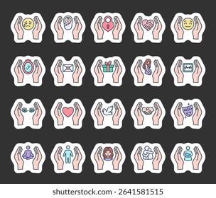People protection and emotion support symbol set with heart, hands, face, child, woman, love, care, family, health, trust, connection, hug, mother, handshake, meditation