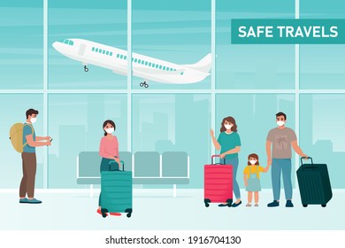 People in protection masks at the airport. Safe travel concept, during coronavirus pandemic. Vector illustration in flat style