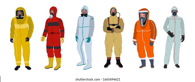 People in protective clothing with antiviral face masks and respirators. Vector illustration isolated on white background.