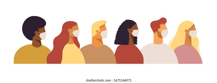 People in protective face dust masks. Bundle of men and women wearing protection from urban air pollution, smog, vapor, pollutant gas emission and virus. Flat vector illustration