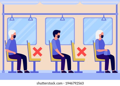 Menschen mit Schutzmaske fahren in den Transportwagen, in die U-Bahn, in die Bushaltestelle. Junge und alte Männer und Frauen fahren mit öffentlichen Verkehrsmitteln. Die Passagiere sitzen im Fahrzeug. Vektorgrafik