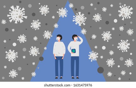 People in protective face masks from contaminated air and virus flat design background illustration