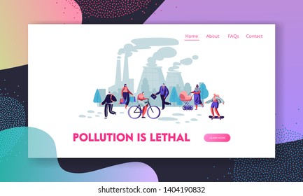 People in Protective Face Masks on Street, Factory Pipes Emitting Smoke. Air Pollution, Industrial Smog, Pollutant Gas Emission Website Landing Page, Web Page. Cartoon Flat Vector Illustration, Banner