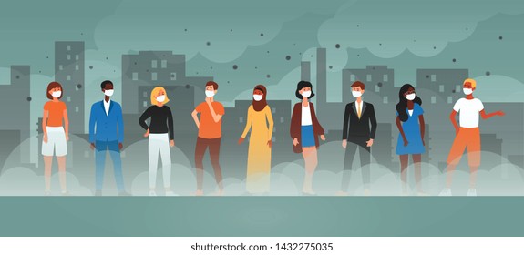 People in protective face masks safe themselves from contaminated air and industry smog flat cartoon vector background illustration. Environment toxic gas pollution danger.
