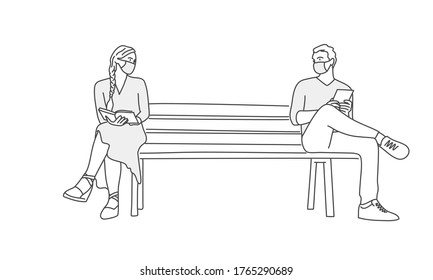 People in a protective mask on a bench. Line drawing vector illustration.