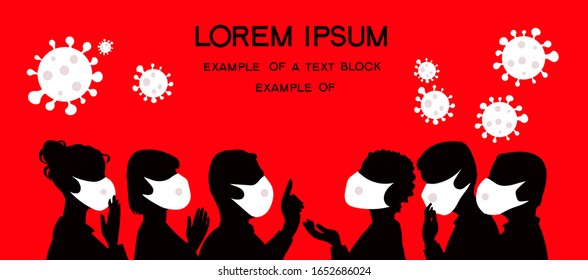 People in protective masks discuss the problems of the viral epidemic. Surrounded by conditioned bacteria. Information of the population. Discussions around an exciting topic about the disease.