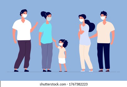 People in protective masks. Dust mask, virus flu family protection. Healthy meeting in danger period. World epidemic prevention vector illustration