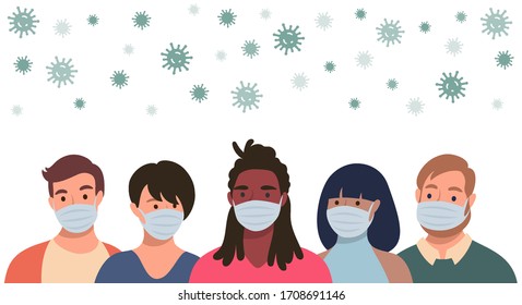 People in protective masks and flying coronavirus in flat style. Men and women wearing medical masks to prevent disease, flu, quarantine concept.