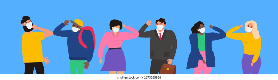 people in protective masks greeting with elbows no handshake coronavirus covid 19 prevention vector illustration