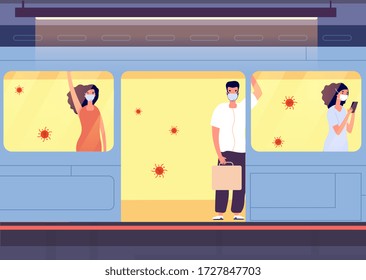 People in protective masks. Individual protection, transport and public place. Coronavirus quarantine, world pandemic. Man woman in train take distance vector