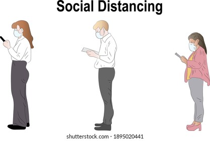 People in protective masks keep their distance. Social distancing concept to prevent the covid-19 coronavirus. Vector illustration.