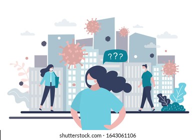 People in protective masks on a city street. Protection against virus infection. Health care concept. Global epidemic or pandemic. Male and female human characters. Vector illustration