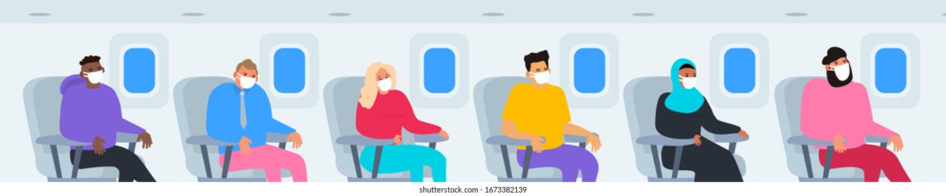 people in protective masks travel by airplane coronavirus covid 19 outbreak vector illustration