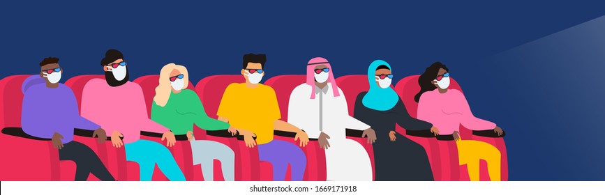 people in protective masks watching movie in cinema coronavirus threat risk vector illustration