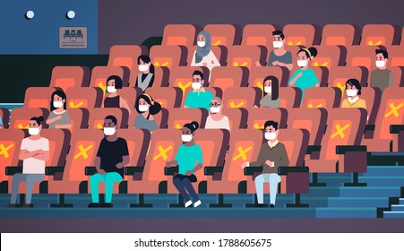 People In Protective Masks Watching Movie Keeping Distance To Prevent Coronavirus Social Distancing Concept Mix Race Men Women Sitting Through One Chair Cinema Hall Interior Horizontal Full Length