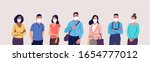 People in protective medical face masks. Men and women wearing protection from virus, urban air pollution, smog, vapor, pollutant gas emission. Vector illustration.