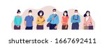 People in protective medical face masks. Man and women wearing protection from virus, urban air pollution, smog, vapor, pollutant gas emission. Vector illustration.