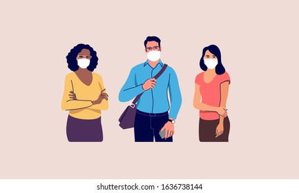 People in protective medical face masks. Man and women wearing protection from virus, urban air pollution, smog, vapor, pollutant gas emission. Vector illustration.