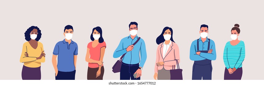 Люди в защитных медицинских масках для лица. Мужчины и женщины носят защиту от вирусов, загрязнения городского воздуха, смога, пара, выбросов загрязняющих газов. Векторная иллюстрация.